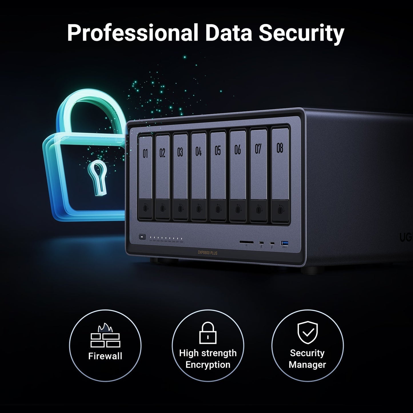 UGREEN 8 bay NAS Storage Professional Data Security:  Firewall, High-Strength Encryption, and Security Manager, device has powerful safety features.